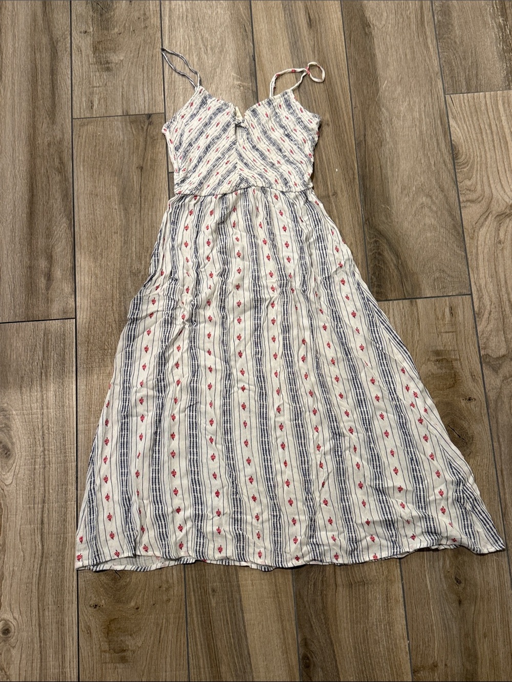 Japna Cream Midi Dress with Navy Stripes and Red Accents